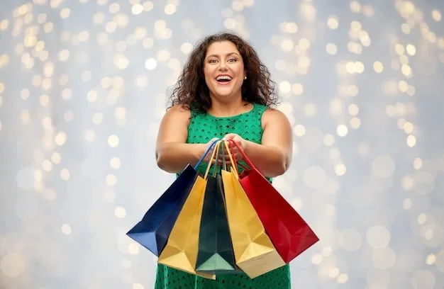 A person happily holding up shopping bags filled with clothing, with the Shein logo subtly visible. The scene evokes a sense of satisfaction and successful shopping.