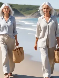 Elegant woman in linen shirt and wide-leg trousers walking on a beach, embodying the Coastal Grandmother aesthetic.