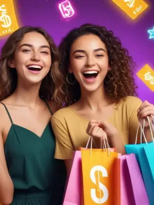 Woman smiling with Shein shopping bags, digital coupons, and reward points for maximized savings.
