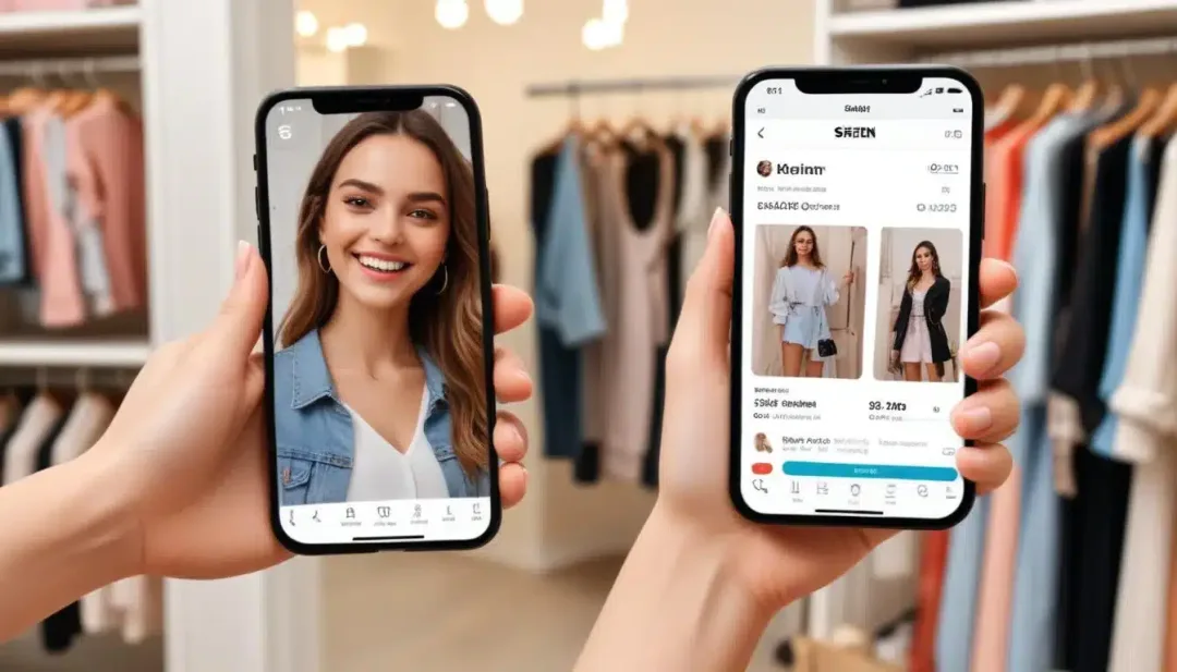 Woman browsing Shein app for flash sales on smartphone.