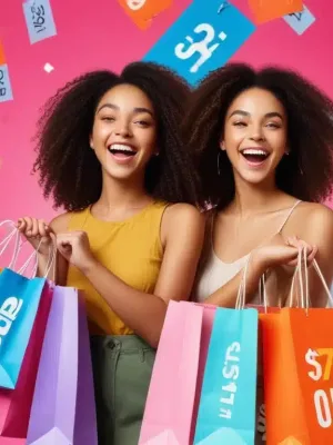 Joyful woman with Shein bags, 70% off digital overlays