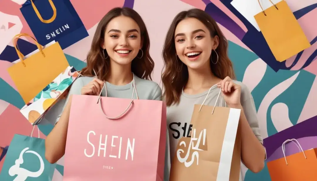 Woman happily holding Shein shopping bag with discounted clothes