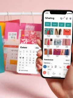 Shein app on phone with discount codes, shopping bags, and 2025 calendar for coupon stacking strategy.