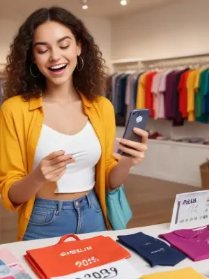 Woman enthusiastically scrolling Shein flash sale on smartphone