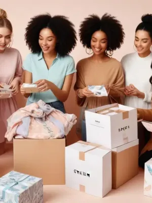 Smiling people unboxing Shein clothes, vibrant, trendy fashion haul