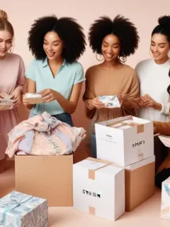 Smiling people unboxing Shein clothes, vibrant, trendy fashion haul