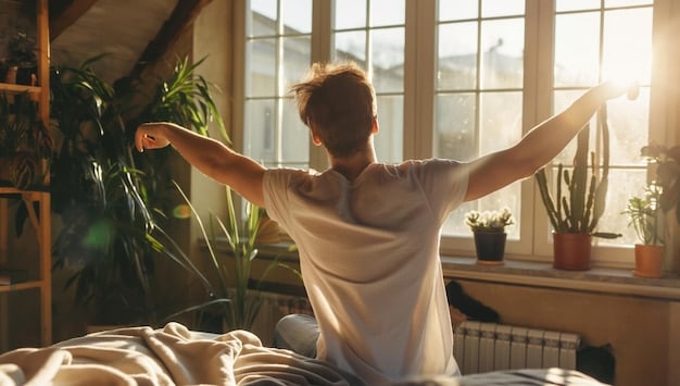 A person waking up naturally and peacefully in a sunlit room, stretching and feeling energised. The room is tidy and minimalist, promoting a sense of calm and well-being.