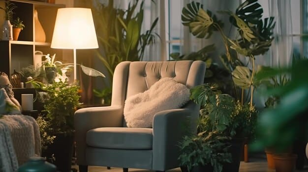 A cozy living room with soft lighting, comfortable furniture, and indoor plants, creating a relaxing and inviting atmosphere.