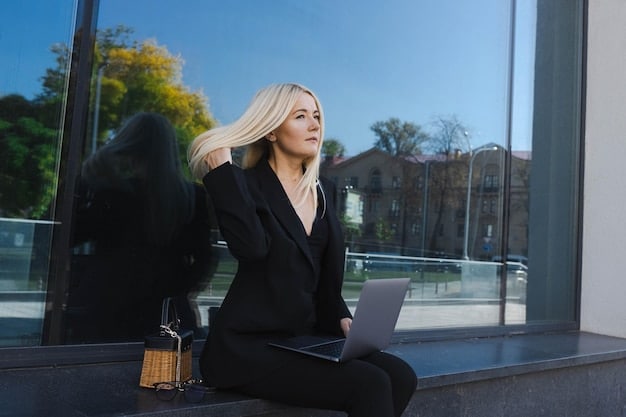 A woman in business attire quickly doing squats at her desk in a modern office environment, with a large window overlooking the city.