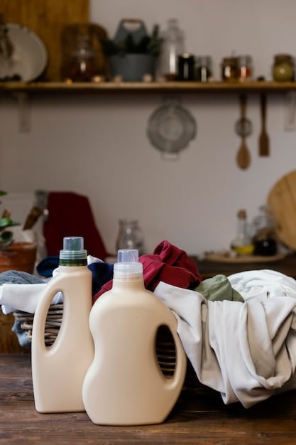A well-lit shelf in a laundry room showcasing various eco-friendly laundry detergents in aesthetically pleasing packaging, alongside some homemade laundry detergent in a glass jar.