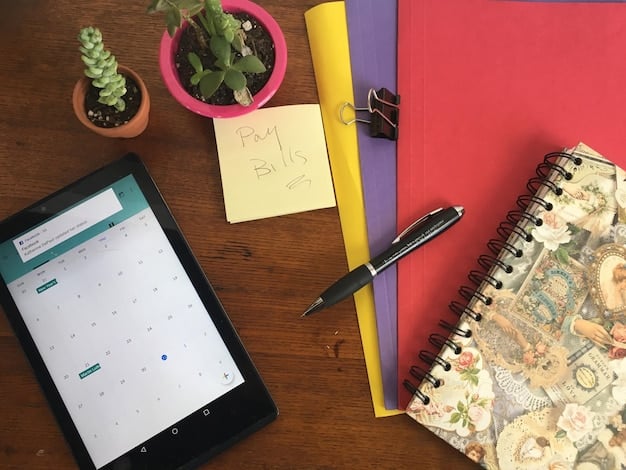A well-organized planner or digital calendar with color-coded entries and highlighted tasks, beside a clean, minimalist workspace.