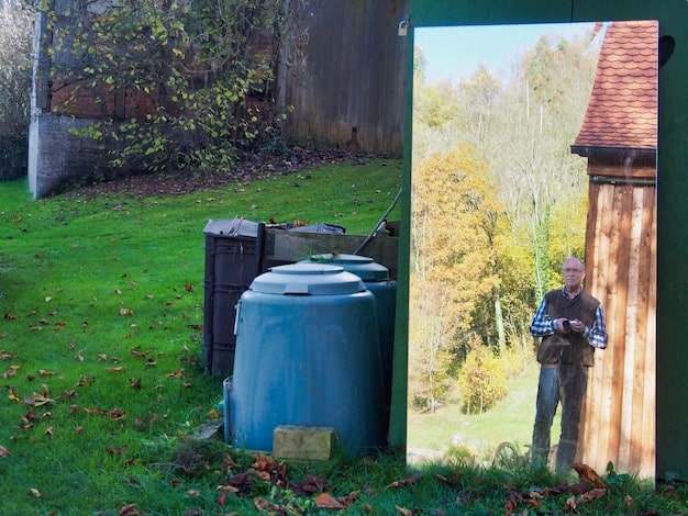 A rainwater harvesting system in a garden, showing rain barrels connected to a downspout and a drip irrigation system watering plants. The image should emphasize the efficiency and sustainability of these watering techniques.