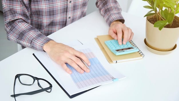 A person using a calculator to analyze debt consolidation figures, with documents related to loans and credit cards spread on the table. The scene is well-lit and focuses on the act of careful calculation.