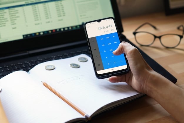 A close-up shot of a hand using a smartphone app to track expenses. The app displays colourful charts and graphs illustrating spending categories such as food, transport, and entertainment. The image is bright and modern.