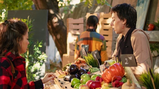 A colourful display of seasonal fruits and vegetables at a local farmers' market, with people browsing the stalls and buying produce directly from the farmers. The scene is lively and inviting.