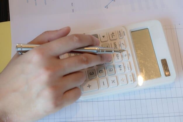 A close-up shot of a person's hands using a calculator to tally up numbers on a budget sheet. The image is brightly lit with a focus on the details of the calculator and the handwritten numbers on the sheet, highlighting financial calculations and budgeting.