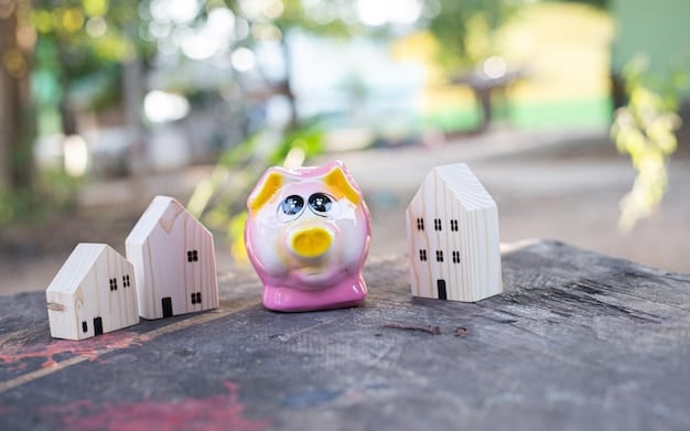 A hand inserting a coin into a piggy bank shaped like a house. The background features a blurred cityscape at dusk.