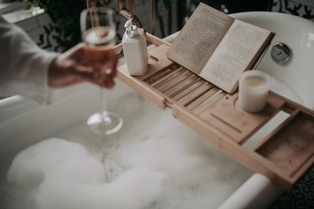 A person enjoying a relaxing bath with essential oils and candles, creating a soothing and calming atmosphere. The scene is set in a modern bathroom with soft lighting, enhancing the feeling of peace and tranquility.