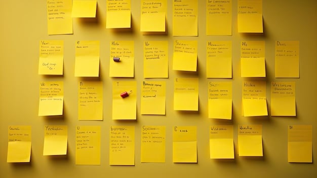 A corkboard with sticky notes outlining a project's tasks, deadlines, and responsibilities. The notes are colour-coded, and some are marked as 