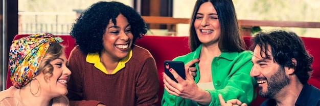 A group of diverse people laughing and connecting authentically. The scene should be warm and inviting, representing the importance of social connections for happiness.