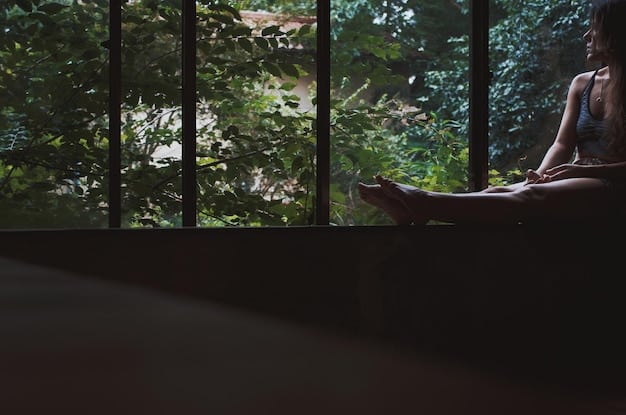 A person meditating peacefully in a quiet space with soft lighting and natural elements. The image should convey a sense of calm, focus, and inner peace.