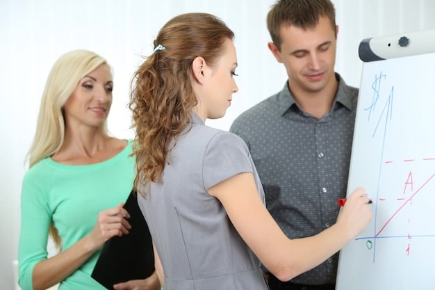 A leader standing at a whiteboard, explaining a complex diagram to a team. The leader's hand is gesturing towards the board, and the team is attentively listening, showcasing the effective communication of ideas and strategies.