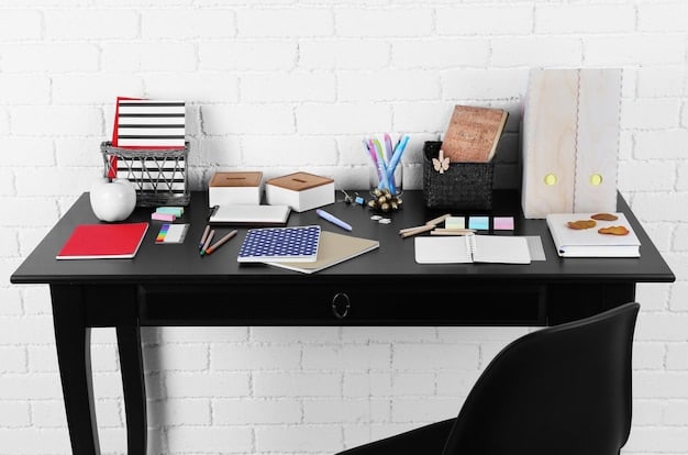 A before-and-after comparison of a cluttered desk versus a neat, organised desk with only essential items. The 'before' image shows papers, pens, and miscellaneous items scattered haphazardly. The 'after' image displays a clean surface with a computer, a notebook, and a pen neatly arranged.