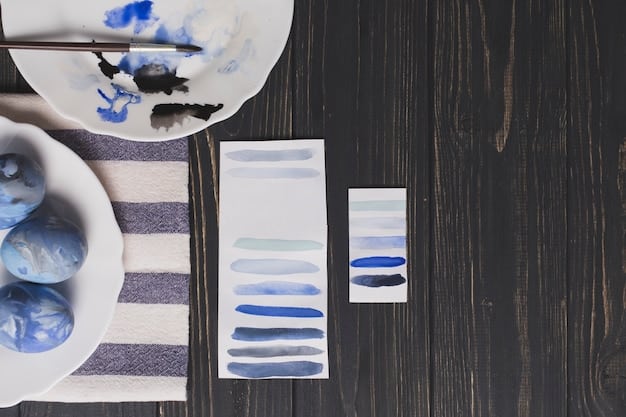 A close-up of a mood board for a bathroom refurbishment. It includes paint swatches in calming blue and grey tones, tile samples, images of modern fixtures, and handwritten budget notes.