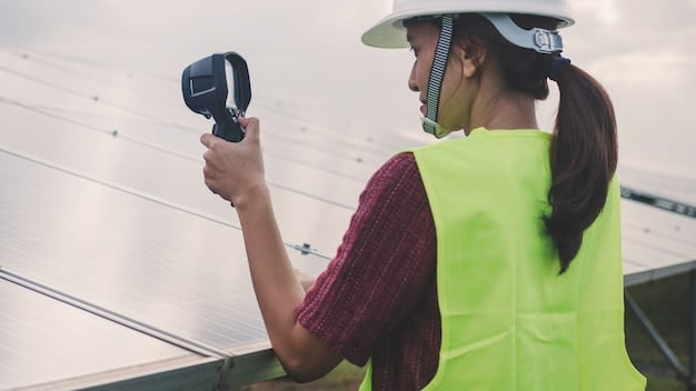 A close-up of a professional installing solar panels on a pitched rooftop, with safety equipment visible, highlighting the importance of professional installation for optimal performance and safety.
