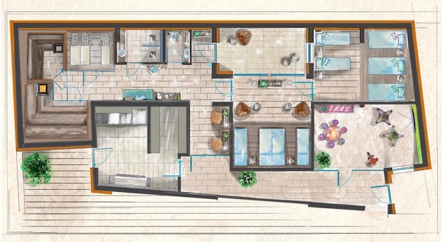 A floor plan sketch of a spare room being converted into a home office, showing the placement of a desk, chair, bookshelves, and other office equipment. Arrows indicate movement flow within the room.