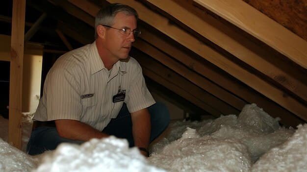 Professional installation of spray foam insulation in an attic, showing the airtight seal it creates and safety measures such as respirators. The image illustrates how spray foam fills gaps effectively and covers the space uniformly.