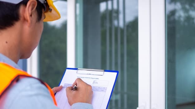 A close-up view of a building inspector examining the construction of a conservatory, with a clipboard in hand, checking the quality and compliance of the build against building regulations.