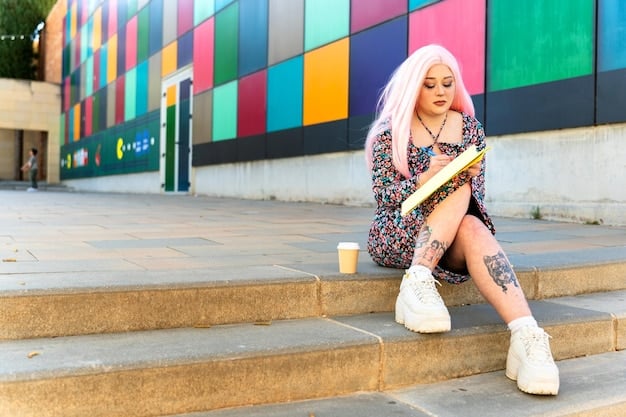 A person walking urban streets, wearing a pastel plaid skirt, a distressed graphic tee, and chunky sneakers.