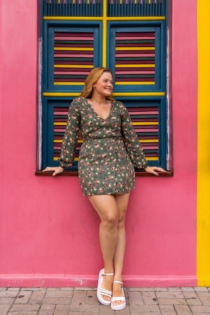 A plus-size model wearing a stylish, brightly colored A-line midi dress from Shein, paired with simple accessories, showcasing the flattering silhouette.