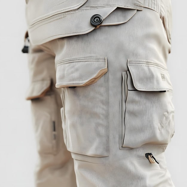 A close-up shot of a pair of Shein cargo pants, highlighting the detailed stitching, functional pockets, and fabric texture, with a subtle focus on the modern fit.