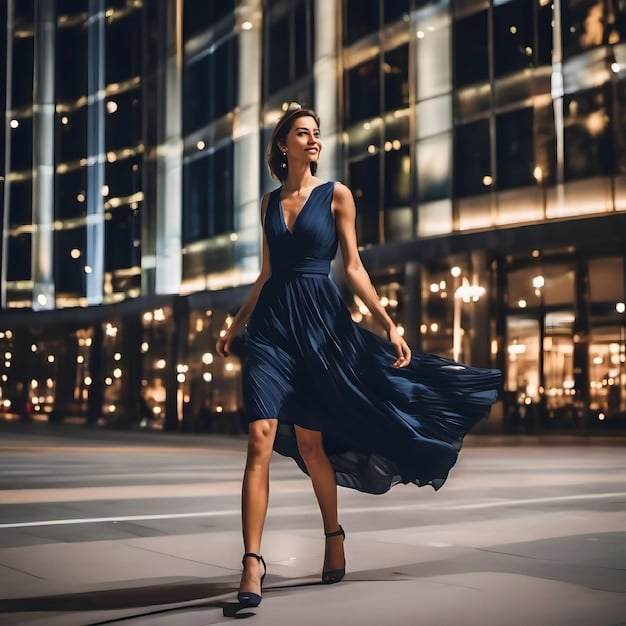 A woman confidently strides, showcasing a stylish pencil skirt transformed for an evening look, paired with a shimmering top and chic accessories from Shein.