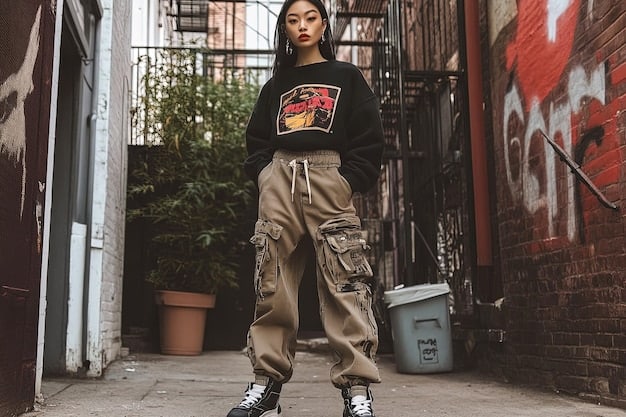 A person showcasing a Shein streetwear outfit, featuring oversized graphic t-shirt, baggy cargo pants, chunky sneakers, and a baseball cap, captured in an urban setting with graffiti in the background.