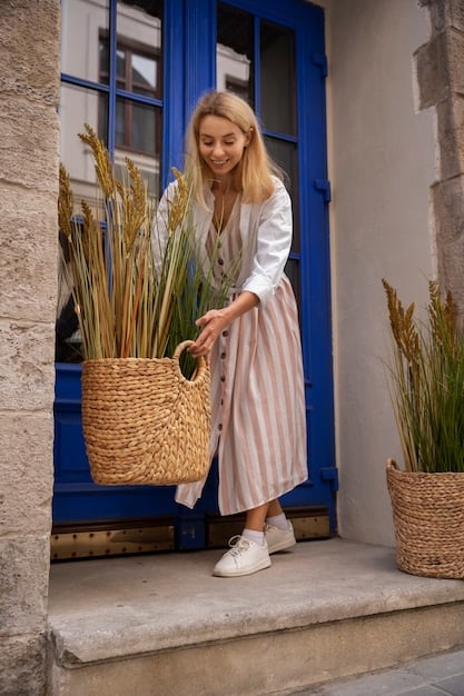 A woman wearing a navy and white striped knit top, white linen wide-leg pants, and a straw hat, holding a woven tote bag while walking on a boardwalk.