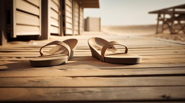A close-up of a pair of beige leather slide sandals on a wooden deck, with a blurry background of a beach.