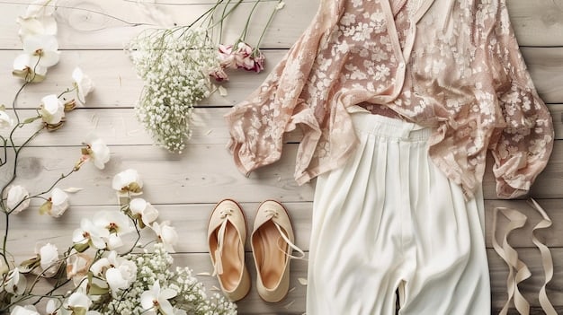 A flat lay showing a Shein lace midi dress, neatly arranged alongside a pair of leather Mary Jane shoes, a delicate pearl necklace, and a small embroidered handbag on a rustic wooden surface.