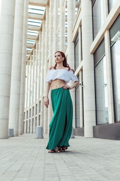 A rectangle-shaped woman in a stylish peplum top and high-waisted, wide-leg trousers, cinched with a statement belt, exuding confidence.