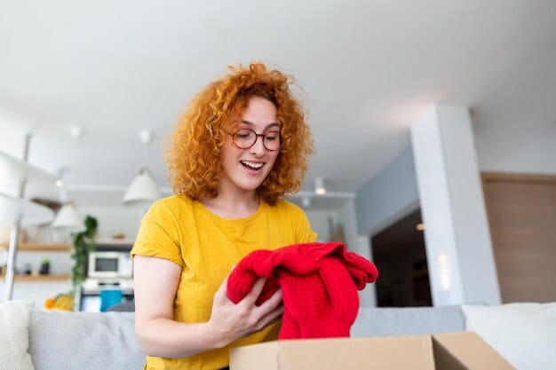 A person happily unboxing a Shein package at home, surrounded by trendy and affordable clothing, conveying the satisfaction of getting great deals from an online flash sale.