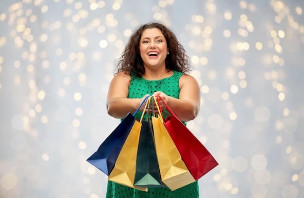 A person happily holding up shopping bags filled with clothing, with the Shein logo subtly visible. The scene evokes a sense of satisfaction and successful shopping.