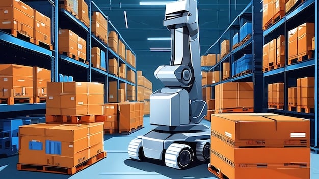 A futuristic illustration of a highly automated warehouse sorting returned packages, emphasizing efficiency and AI integration.