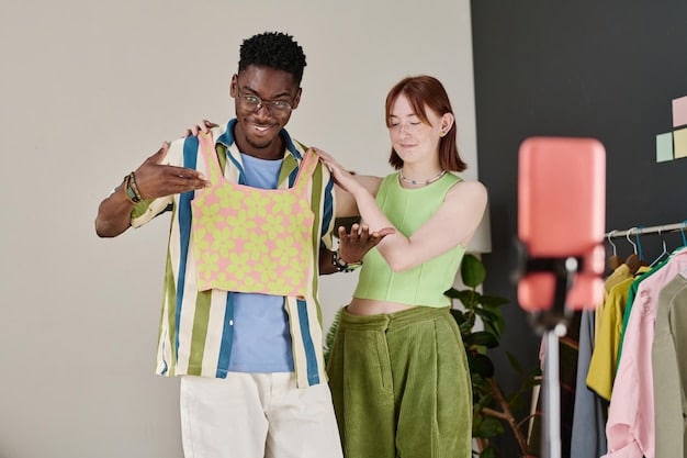 A diverse group of young fashion influencers smiling and gesturing excitedly while presenting clothing items during a Shein Live Shopping broadcast, with clear product links and chat comments visible on screen.