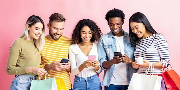 A group of diverse young people actively using their smartphones, laughing and sharing, symbolizing the social aspect of online shopping and referrals.