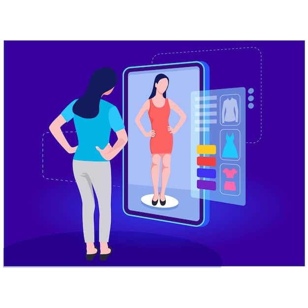 A futuristic graphic showing a woman's silhouette interacting with an augmented reality app on a tablet, virtually trying on a plus-size dress with glowing digital outlines guiding the fit.