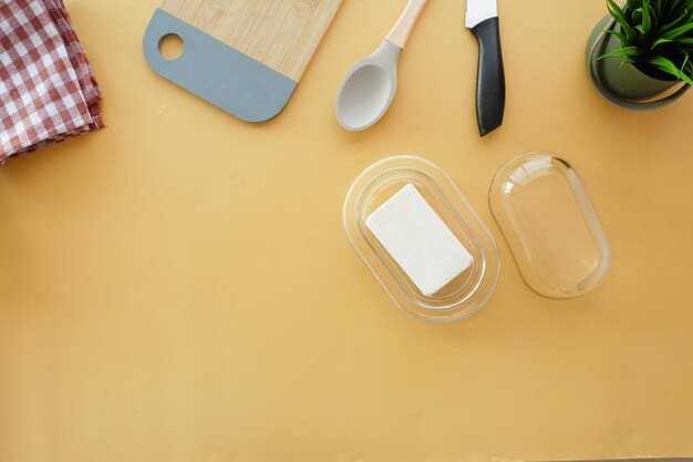An overhead shot of a Shein Home kitchen counter setup with plastic containers showing visible scratches and a warped lid after frequent use.