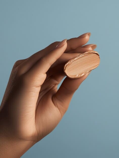 A close-up shot of a hand applying a Shein foundation, emphasizing the smooth texture and the diverse range of skin tones represented.