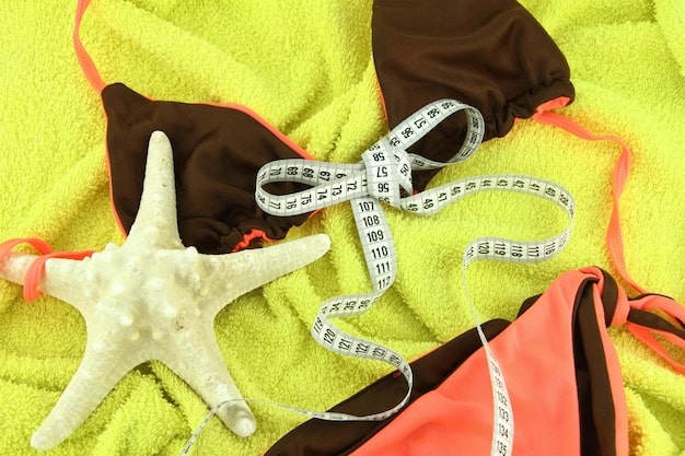 A close-up flat lay of various Shein swimsuits in different sizes and styles, with a measuring tape laid across one, emphasizing the importance of accurate measurements.